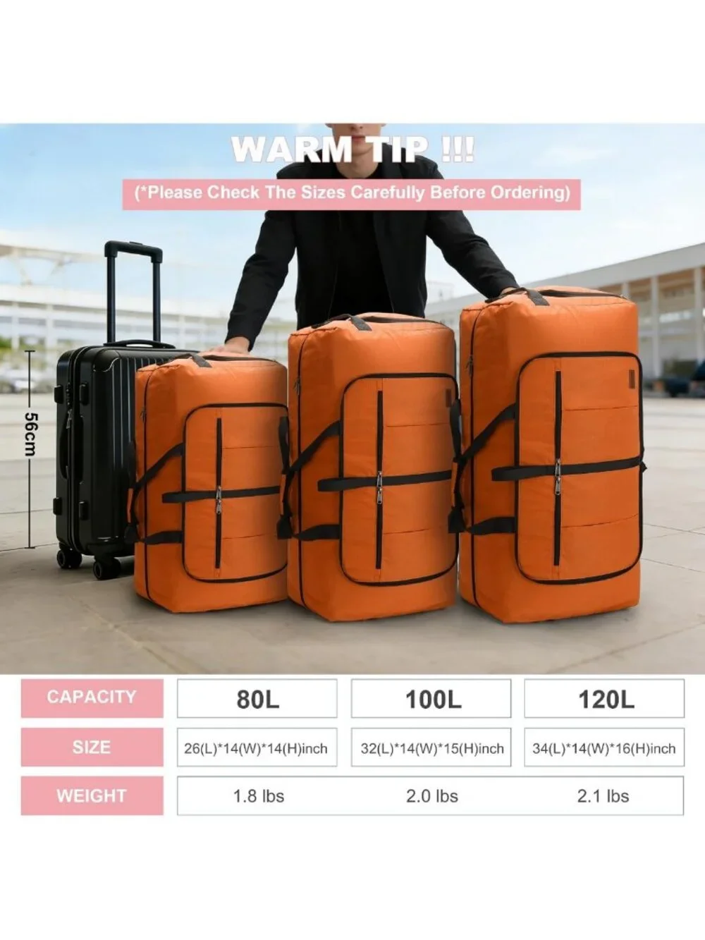 Extra Large 80L Waterproof Duffle Bag for Travel, Foldable with Shoe Compartment